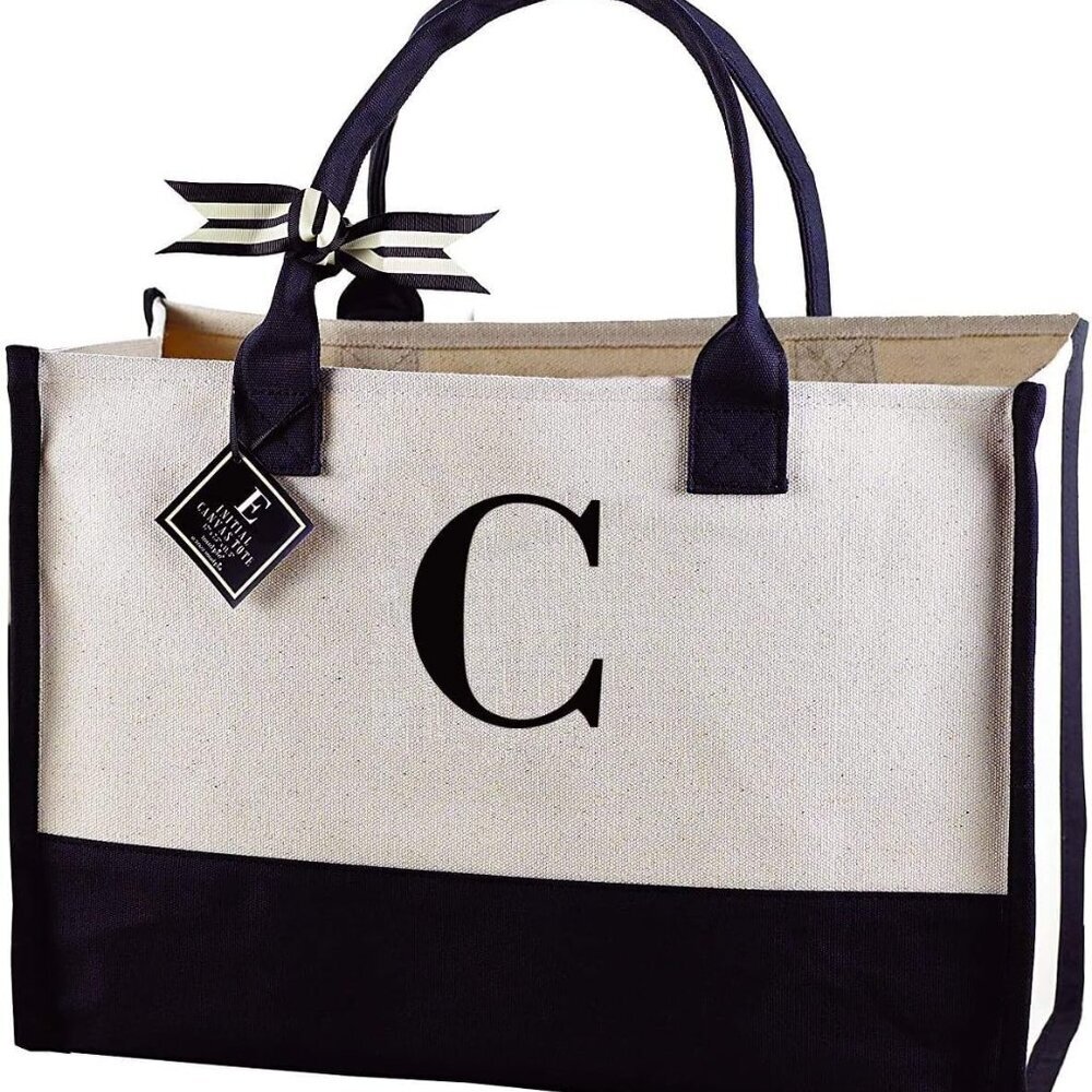 Classic Black and White Initial Canvas Tote Bags C, 100% Cotton, 17" x 19" x 2"